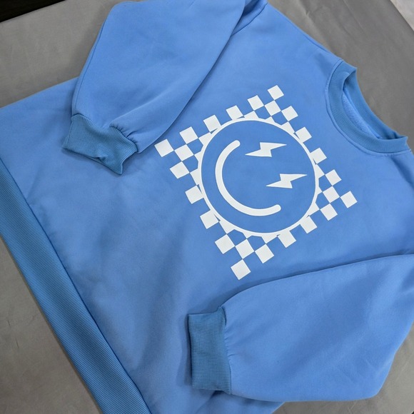 Soly XX-Large Blue Smiley Face Lightning Bolt Graphic Sweatshirt Y2K  90s vibe - Picture 1 of 6